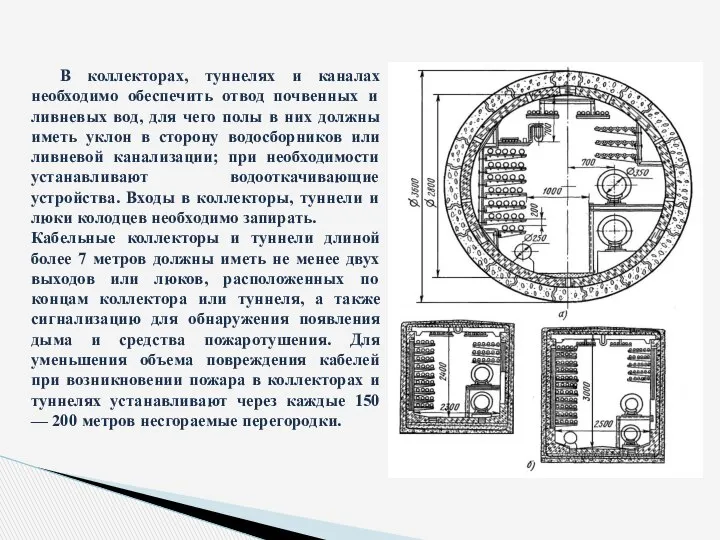 В коллекторах, туннелях и каналах необходимо обеспечить отвод почвенных и ливневых