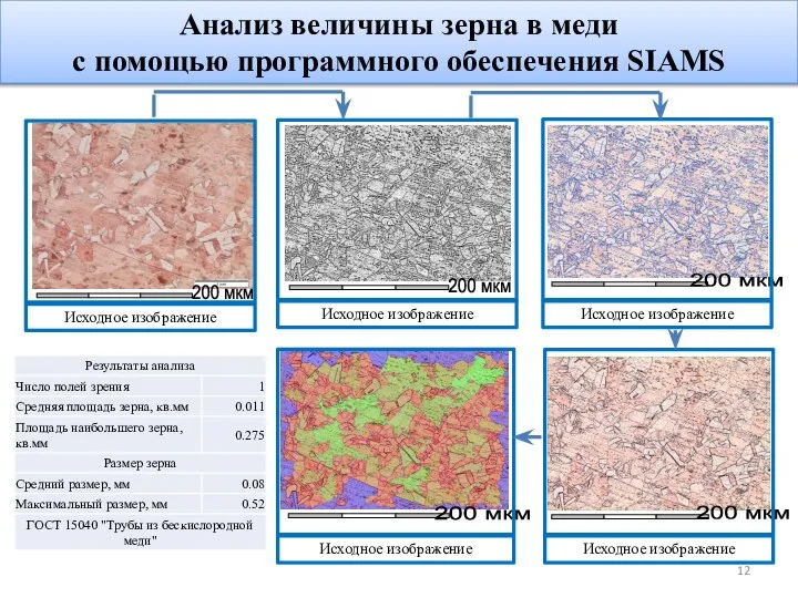 Анализ величины зерна в меди с помощью программного обеспечения SIAMS