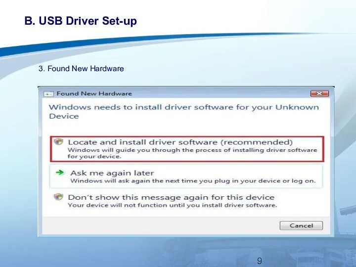 B. USB Driver Set-up 3. Found New Hardware