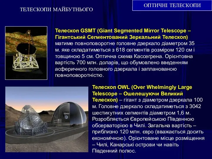 ТЕЛЕСКОПИ МАЙБУТНЬОГО ОПТИЧНІ ТЕЛЕСКОПИ Телескоп OWL (Over Whelmingly Large Telescope –