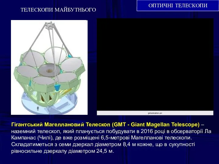 ОПТИЧНІ ТЕЛЕСКОПИ ТЕЛЕСКОПИ МАЙБУТНЬОГО Гігантський Магеллановий Телескоп (GMT - Giant Magellan