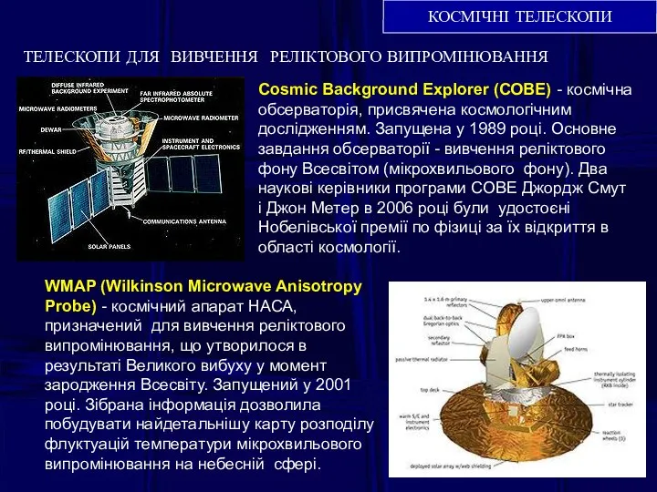 КОСМІЧНІ ТЕЛЕСКОПИ ТЕЛЕСКОПИ ДЛЯ ВИВЧЕННЯ РЕЛІКТОВОГО ВИПРОМІНЮВАННЯ Cosmic Background Explorer (COBE)
