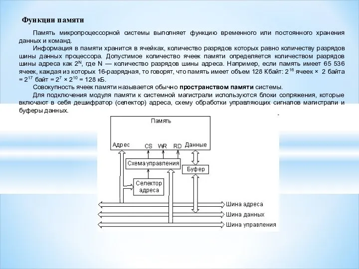 Память микропроцессорной системы выполняет функцию временного или постоянного хранения данных и