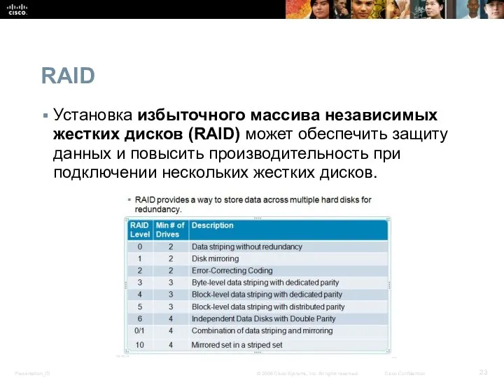 RAID Установка избыточного массива независимых жестких дисков (RAID) может обеспечить защиту