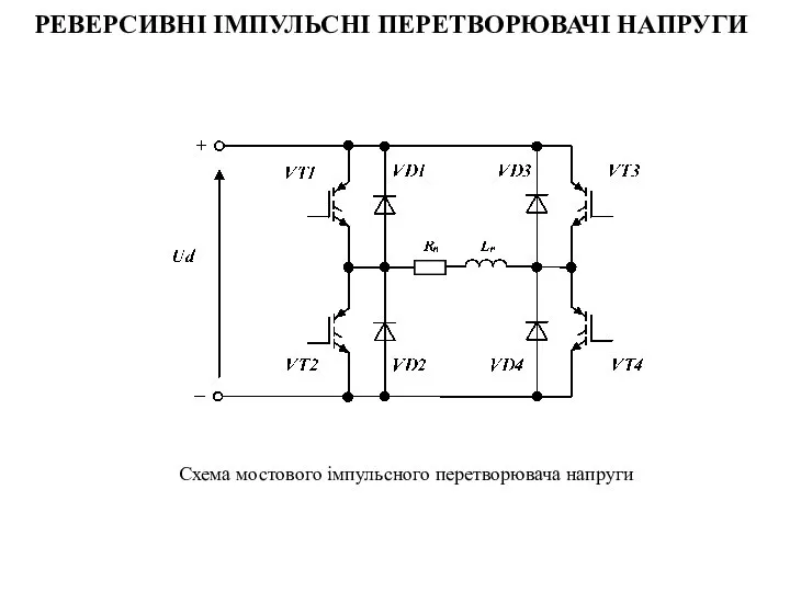 РЕВЕРСИВНІ ІМПУЛЬСНІ ПЕРЕТВОРЮВАЧІ НАПРУГИ Схема мостового імпульсного перетворювача напруги