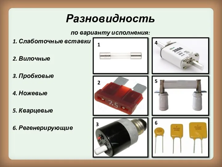 Разновидность по варианту исполнения: 1. Слаботочные вставки 2. Вилочные 3. Пробковые