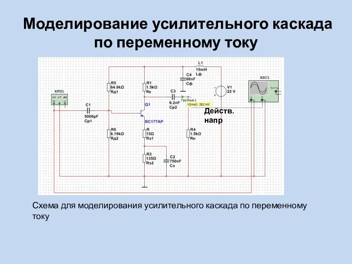 Моделирование усилительного каскада по переменному току Схема для моделирования усилительного каскада по переменному току Действ. напр