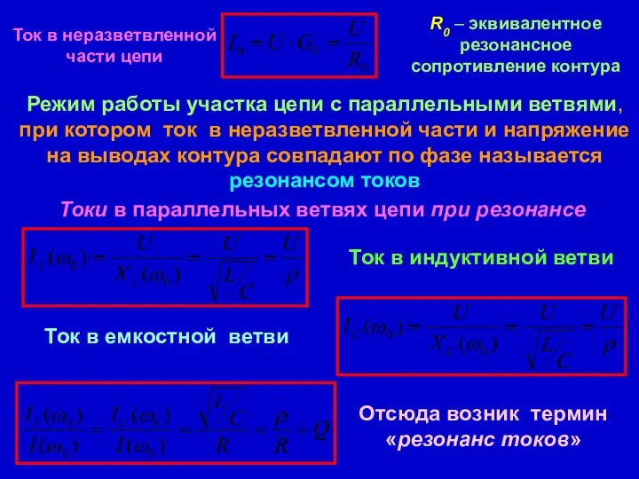 Ток в неразветвленной части цепи R0 – эквивалентное резонансное сопротивление контура