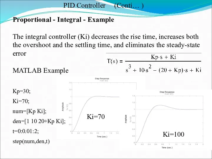 Proportional - Integral - Example The integral controller (Ki) decreases the