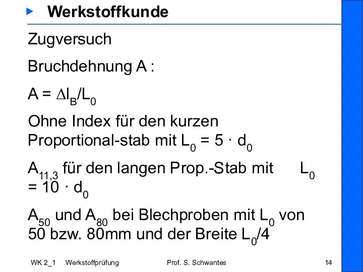 WK 2_1 Werkstoffprüfung Prof. S. Schwantes ▶ Werkstoffkunde Zugversuch Bruchdehnung A