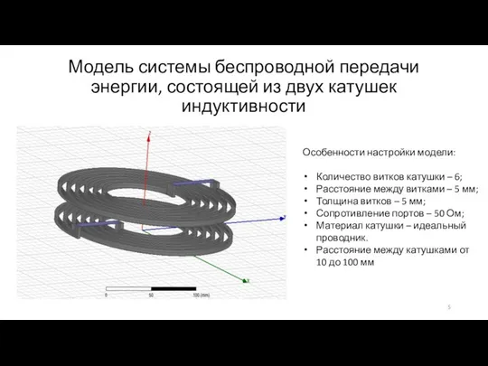 Модель системы беспроводной передачи энергии, состоящей из двух катушек индуктивности Особенности