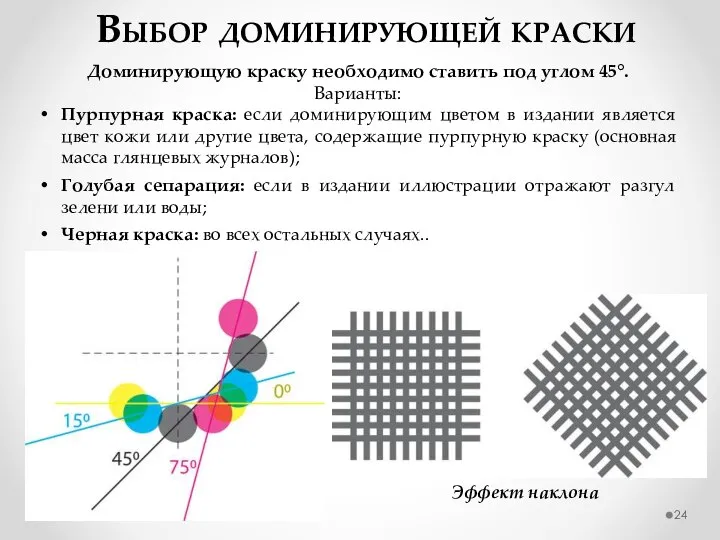 Выбор доминирующей краски Доминирующую краску необходимо ставить под углом 45°. Варианты: