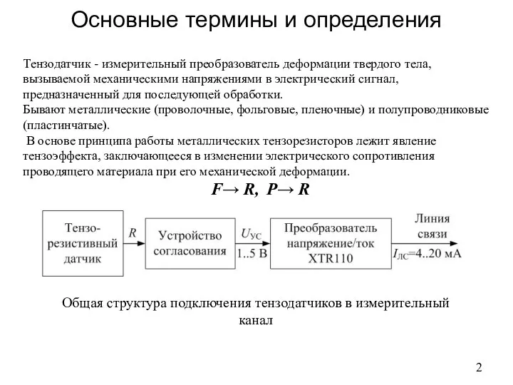 Основные термины и определения Тензодатчик - измерительный преобразователь деформации твердого тела,