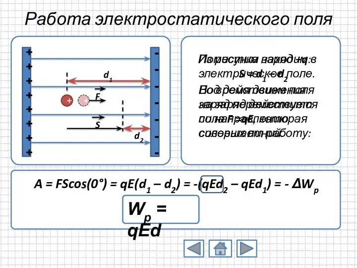 Работа электростатического поля ++++++++ ------- + Поместим заряд +q в электрическое