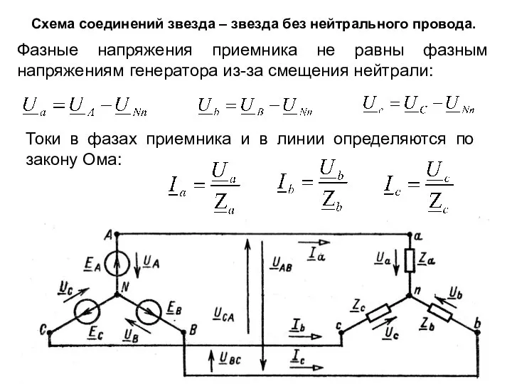 Схема соединений звезда – звезда без нейтрального провода. Фазные напряжения приемника