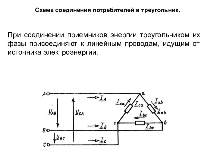 Схема соединения потребителей в треугольник. При соединении приемников энергии треугольником их