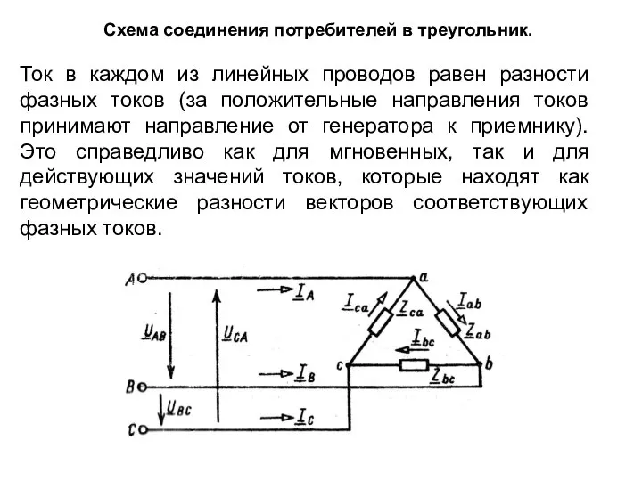 Схема соединения потребителей в треугольник. Ток в каждом из линейных проводов