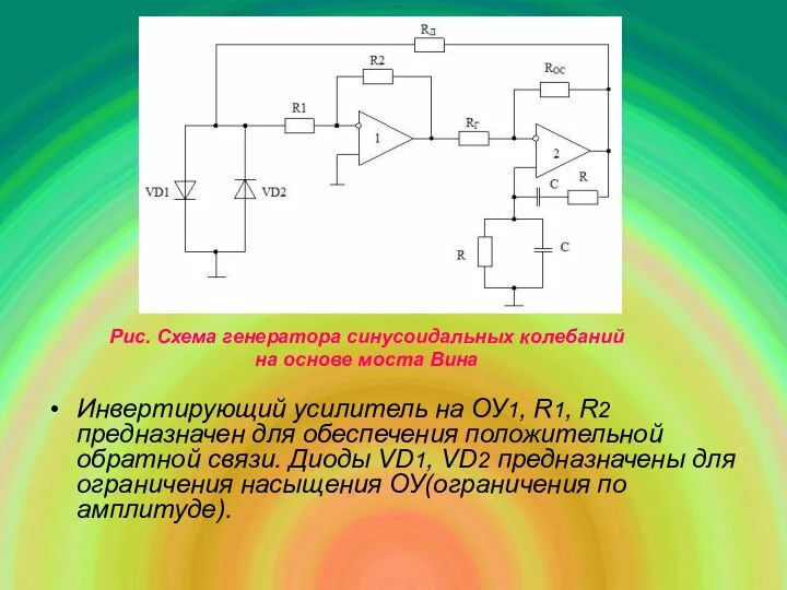 Инвертирующий усилитель на ОУ1, R1, R2 предназначен для обеспечения положительной обратной