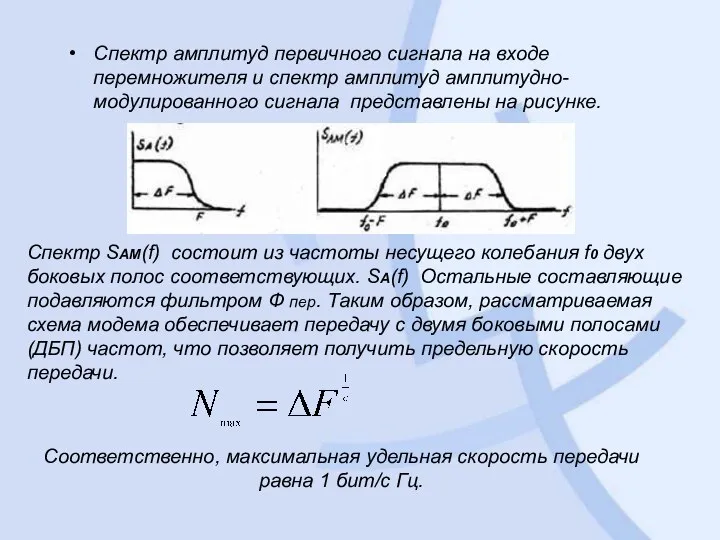 Спектр амплитуд первичного сигнала на входе перемножителя и спектр амплитуд амплитудно-модулированного