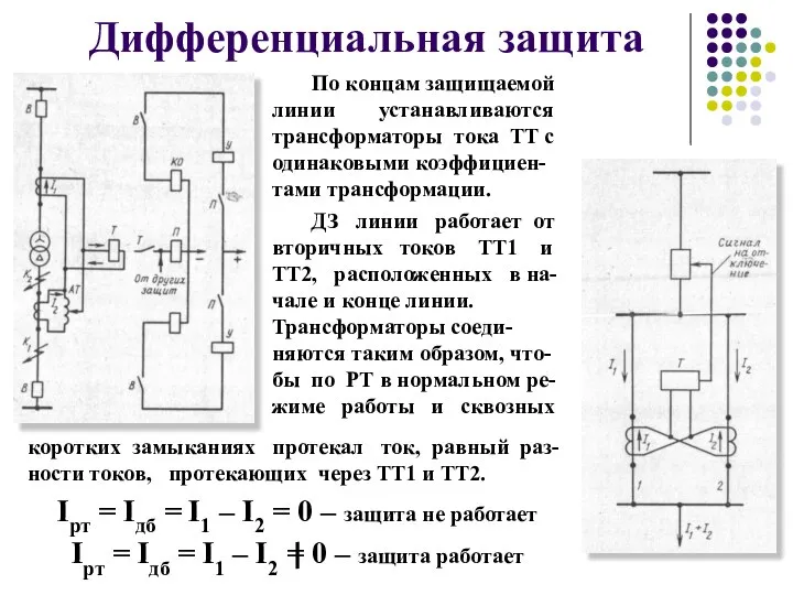 Дифференциальная защита По концам защищаемой линии устанавливаются трансформаторы тока ТТ с