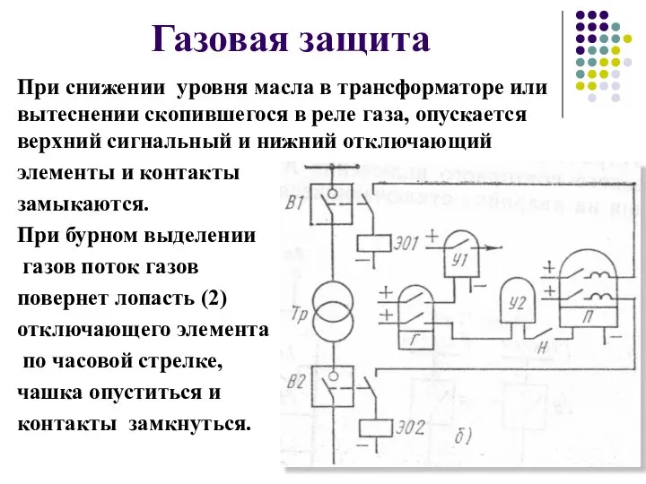 Газовая защита При снижении уровня масла в трансформаторе или вытеснении скопившегося