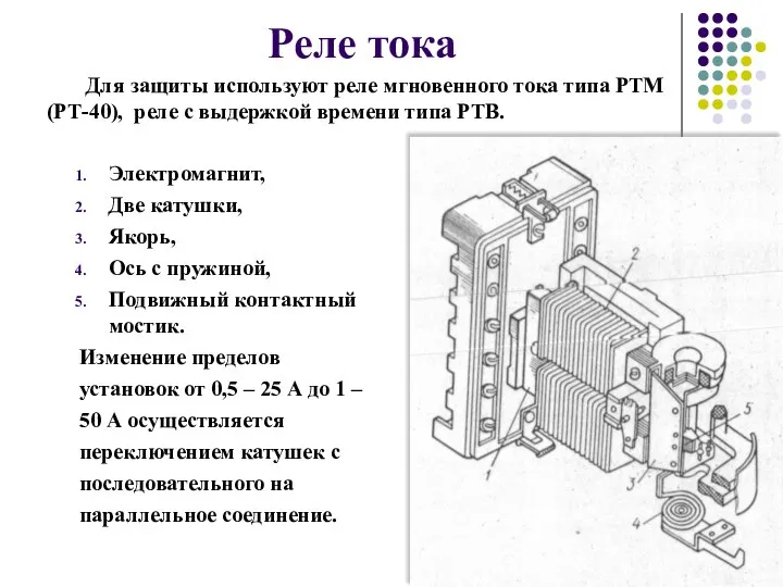 Реле тока Электромагнит, Две катушки, Якорь, Ось с пружиной, Подвижный контактный