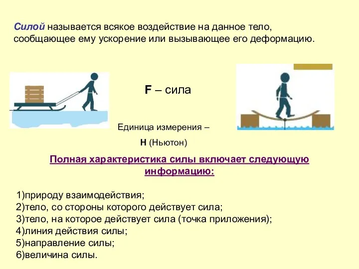 Полная характеристика силы включает следующую информацию: 1)природу взаимодействия; 2)тело, со стороны