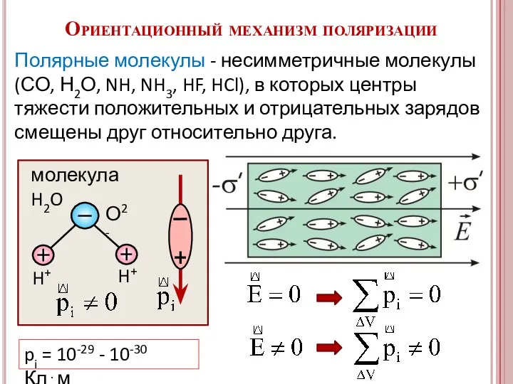 Полярные молекулы - несимметричные молекулы (СО, Н2О, NH, NH3, HF, HCl),