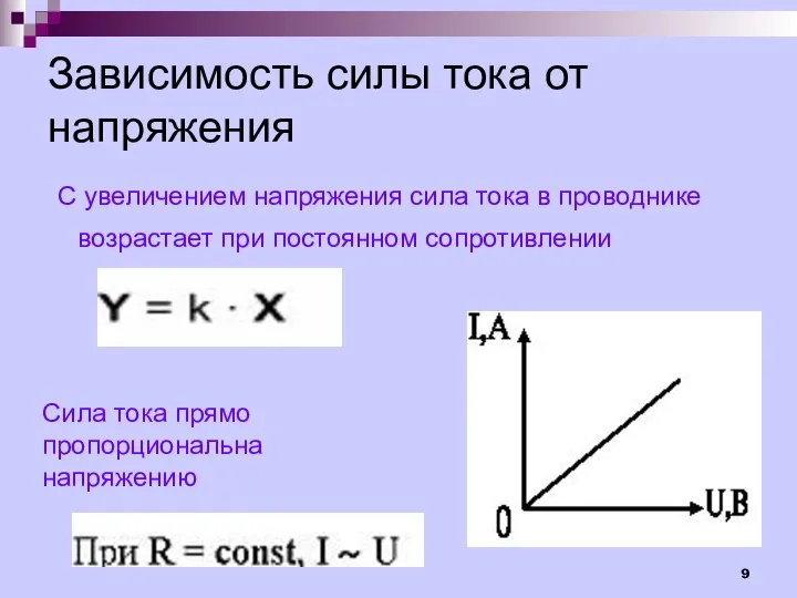 Зависимость силы тока от напряжения С увеличением напряжения сила тока в