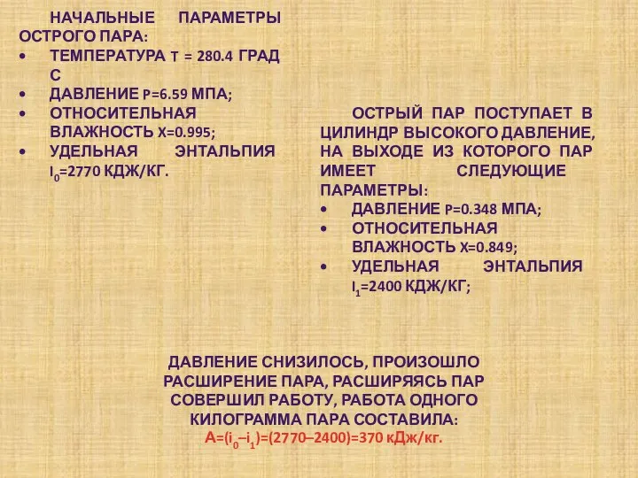 НАЧАЛЬНЫЕ ПАРАМЕТРЫ ОСТРОГО ПАРА: ТЕМПЕРАТУРА T = 280.4 ГРАД С ДАВЛЕНИЕ