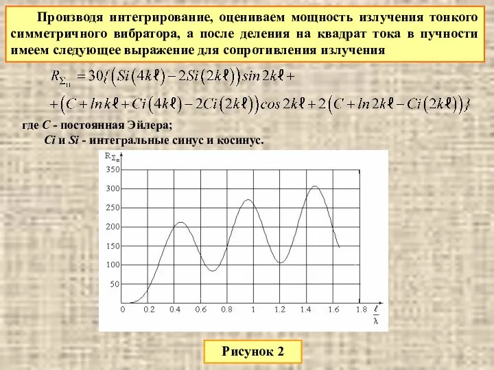 Производя интегрирование, оцениваем мощность излучения тонкого симметричного вибратора, а после деления