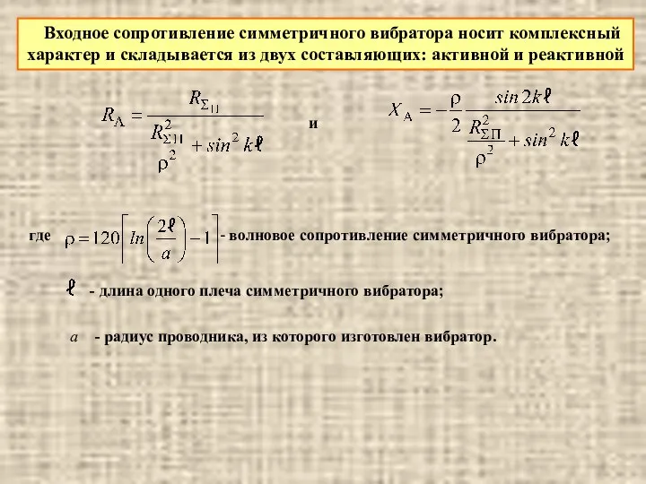 Входное сопротивление симметричного вибратора носит комплексный характер и складывается из двух