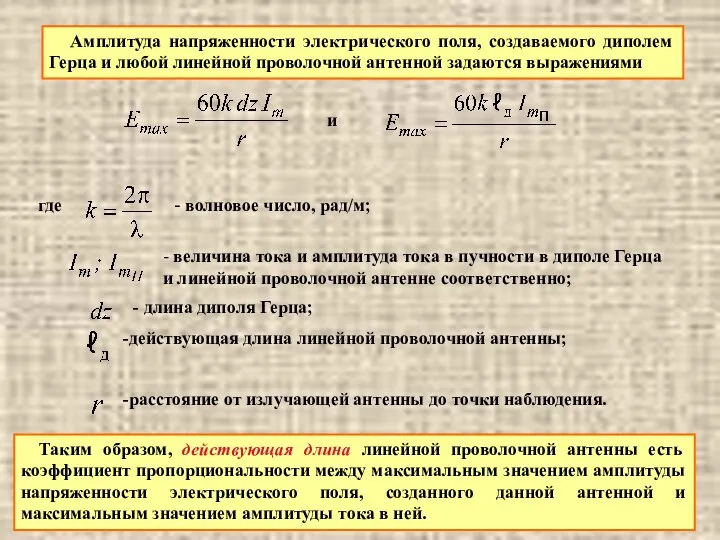 Амплитуда напряженности электрического поля, создаваемого диполем Герца и любой линейной проволочной