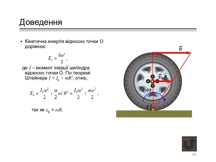Доведення Кінетична енергія відносно точки О дорівнює: де I – момент