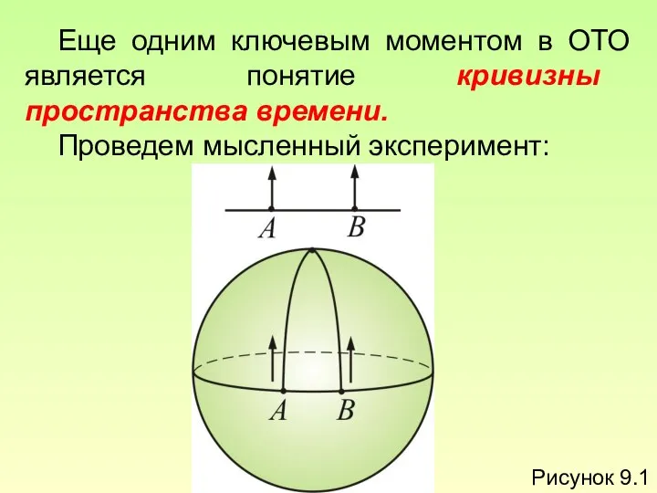 Еще одним ключевым моментом в ОТО является понятие кривизны пространства времени. Проведем мысленный эксперимент: Рисунок 9.1