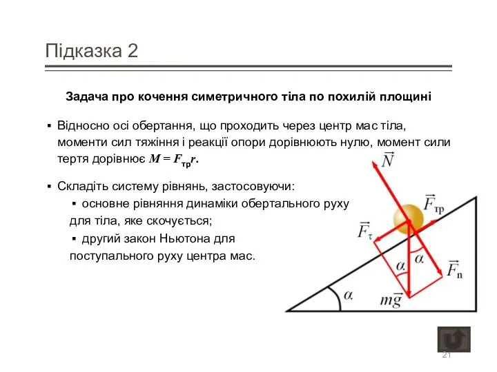 Підказка 2 Задача про кочення симетричного тіла по похилій площині Відносно