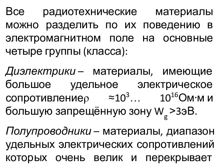 Все радиотехнические материалы можно разделить по их поведению в электромагнитном поле