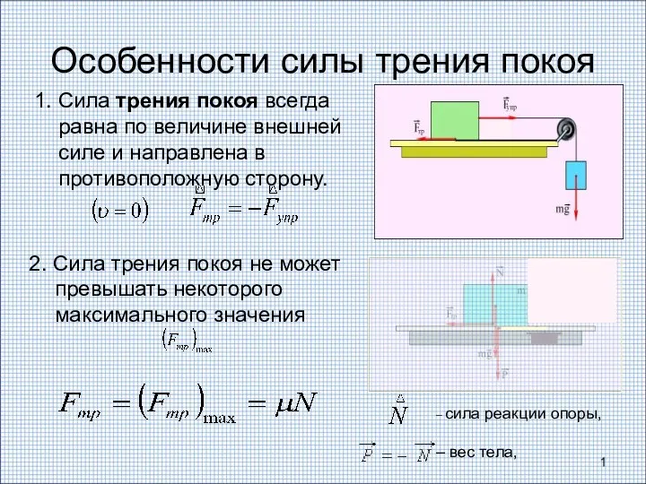 Особенности силы трения покоя 1. Сила трения покоя всегда равна по