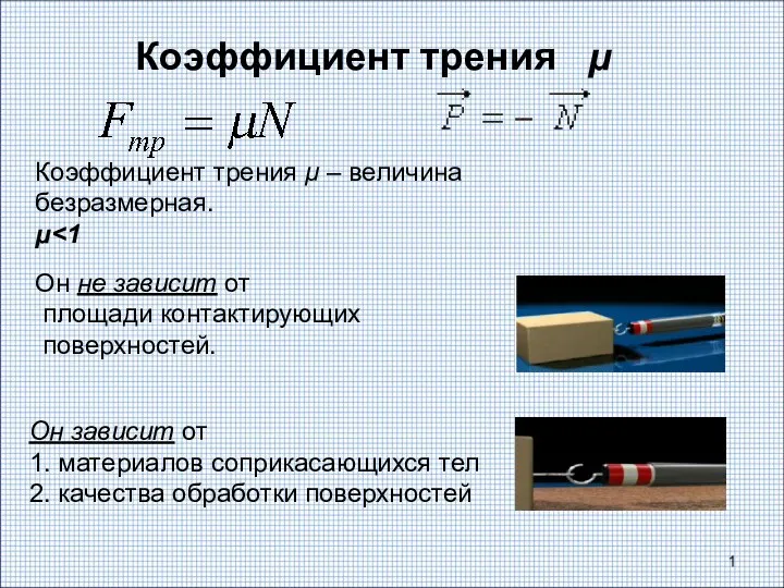 Коэффициент трения µ Коэффициент трения μ – величина безразмерная. μ Он