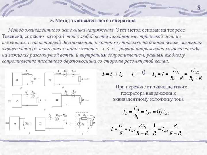 5. Метод эквивалентного генератора Метод эквивалентного источника напряжения. Этот метод основан