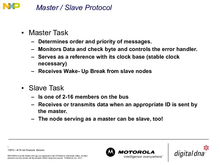 Master / Slave Protocol Master Task Determines order and priority of