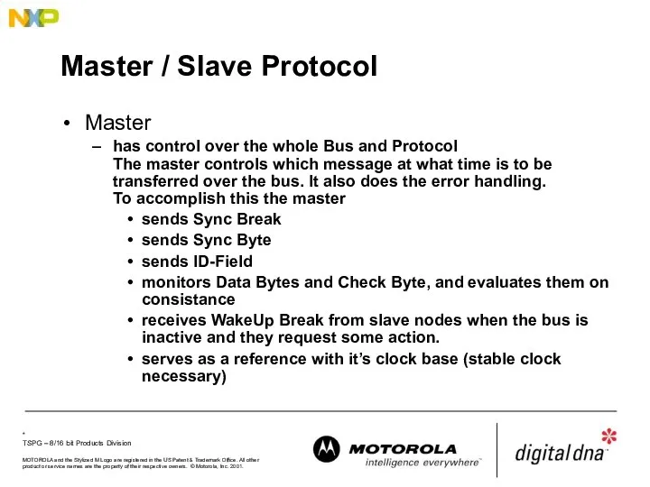 Master / Slave Protocol Master has control over the whole Bus