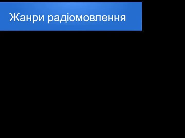 Жанри радіомовлення Радіо репортаж Радіо інформація Радіо фільм Радіо події