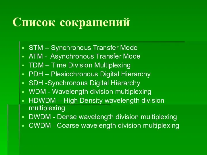 Список сокращений STM – Synchronous Transfer Mode ATM - Asynchronous Transfer