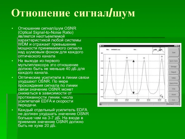 Отношение сигнал/шум Отношение сигнал/шум OSNR (Optical Signal-to-Noise Ratio) является неотъемлемой характеристикой