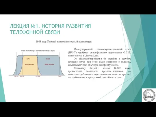 ЛЕКЦИЯ №1. ИСТОРИЯ РАЗВИТИЯ ТЕЛЕФОННОЙ СВЯЗИ 1988 год: Первый широкополосный аудиокодек