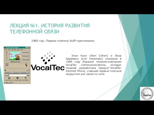 ЛЕКЦИЯ №1. ИСТОРИЯ РАЗВИТИЯ ТЕЛЕФОННОЙ СВЯЗИ 1995 год: Первое платное VoIP-приложение