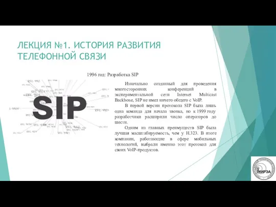 ЛЕКЦИЯ №1. ИСТОРИЯ РАЗВИТИЯ ТЕЛЕФОННОЙ СВЯЗИ 1996 год: Разработка SIP Изначально