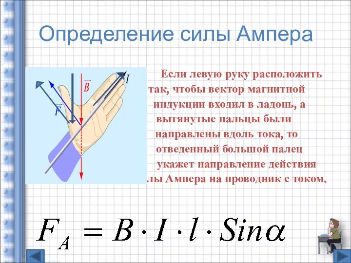 Определение силы Ампера Если левую руку расположить так, чтобы вектор магнитной