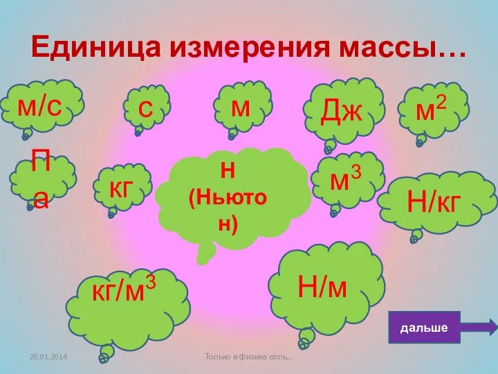 Единица измерения массы… Па м3 Н/кг c м Дж м/c кг